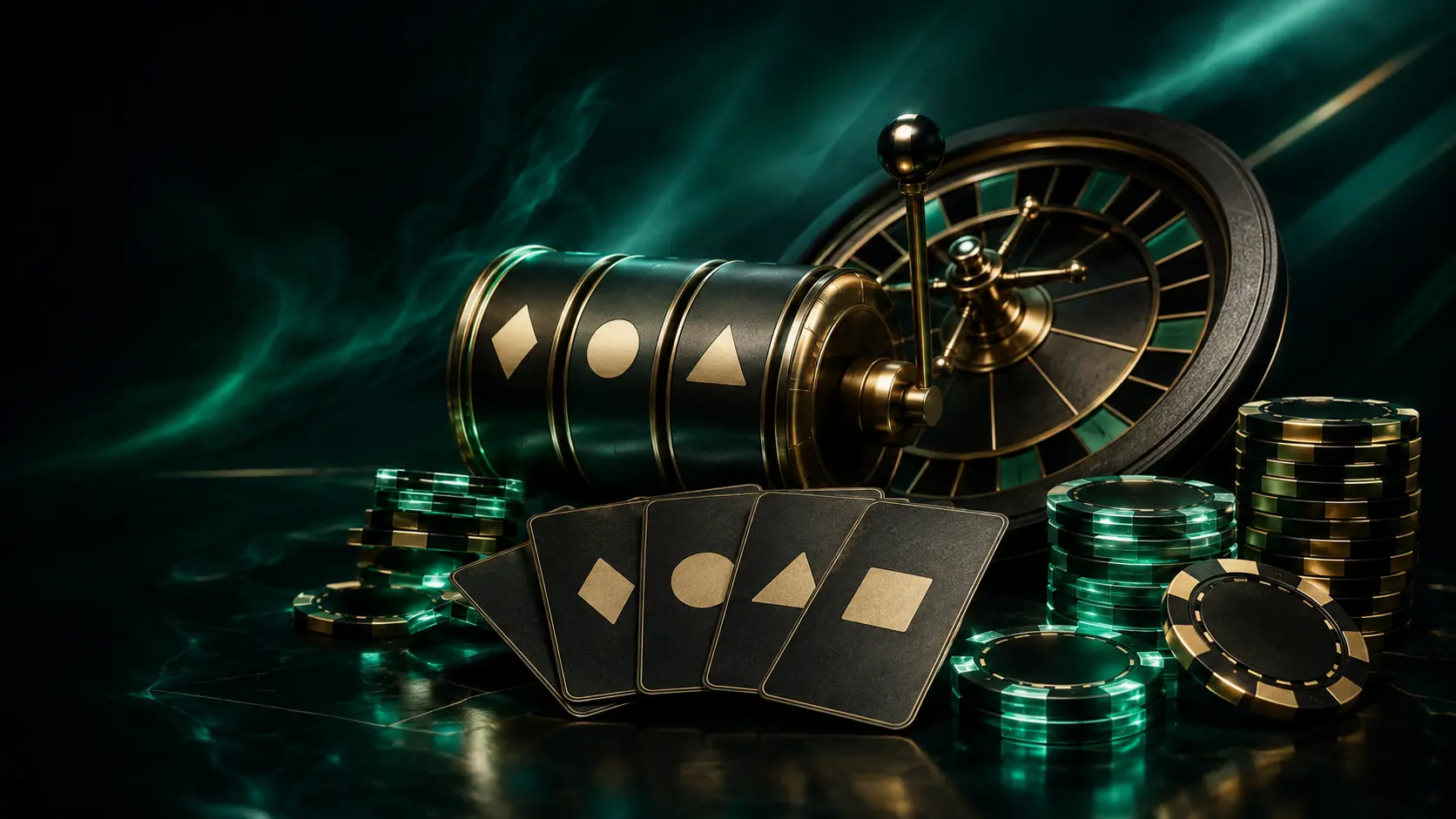 Original casino composition with abstract reels, cards, chips and roulette